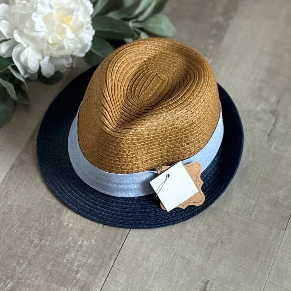 Boys Straw Fedora Navy Brown Blue Hat Boutique Portraits Dressy Toddler NWT